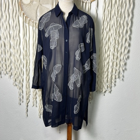 Lafayette 148 New York Kyrie Navy Sheer Silk Georgette Shirt Small - Picture 2 of 15